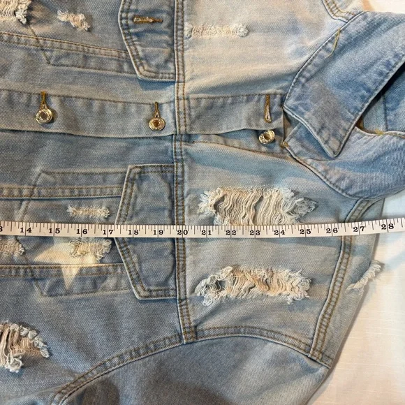 Distressed Denim Jacket Graphic Quote Stars Oversized Light Wash S - Picture 7 of 8